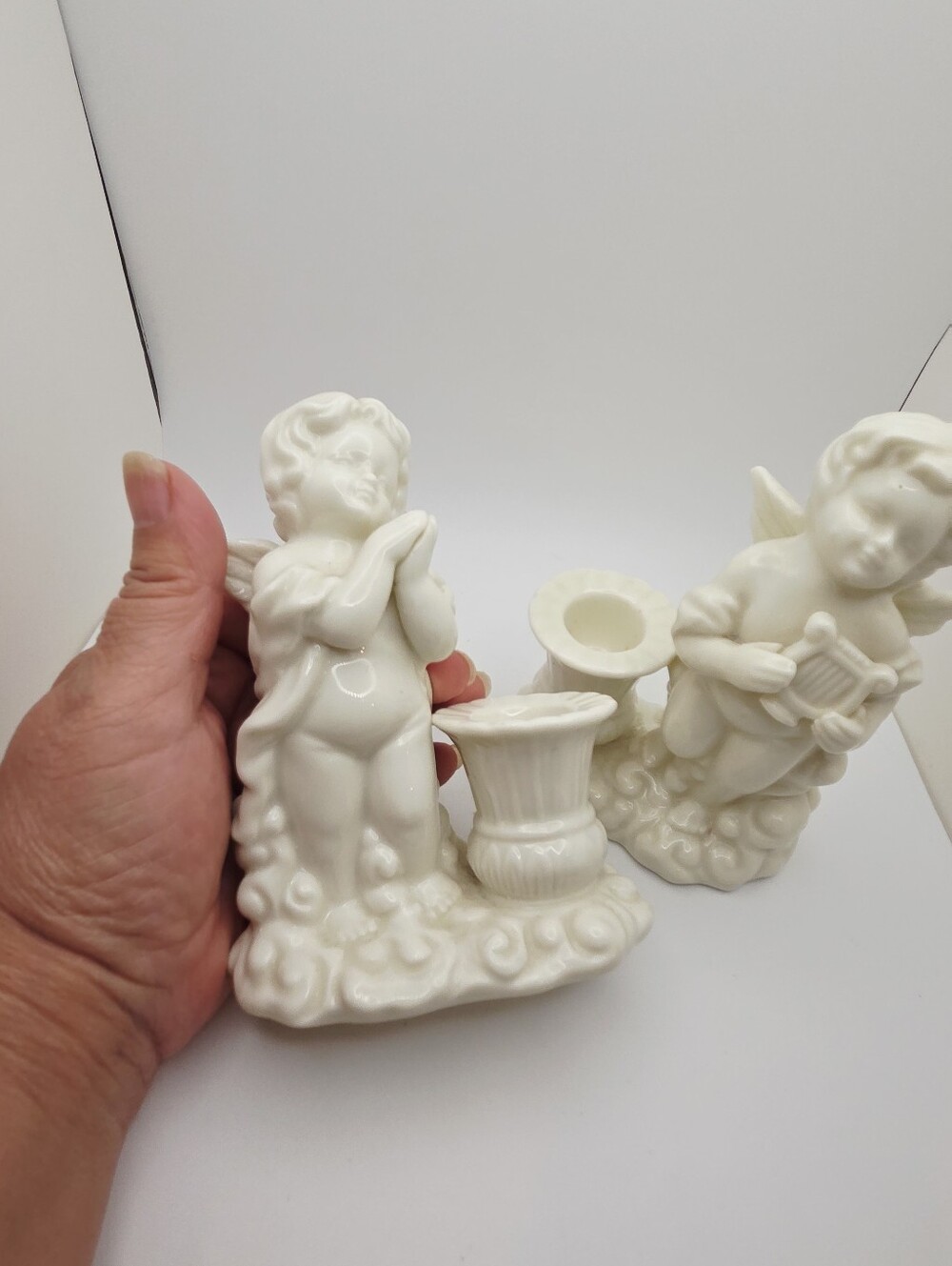 Vintage Elegant White Ceramic Cherub Angel Candle Holder Pair Praying & Lyre